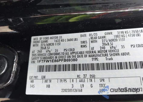 2023 Ford F-150 Lariat z USA, uszkodzony, nr VIN 1FTFW1E86PFB69380